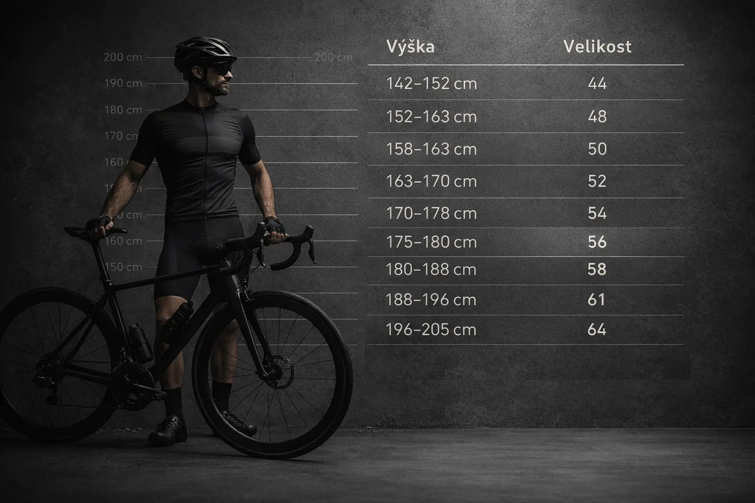 Velikost silničního kola podle výšky jezdce — tabulka číselných velikostí 44 až 64
