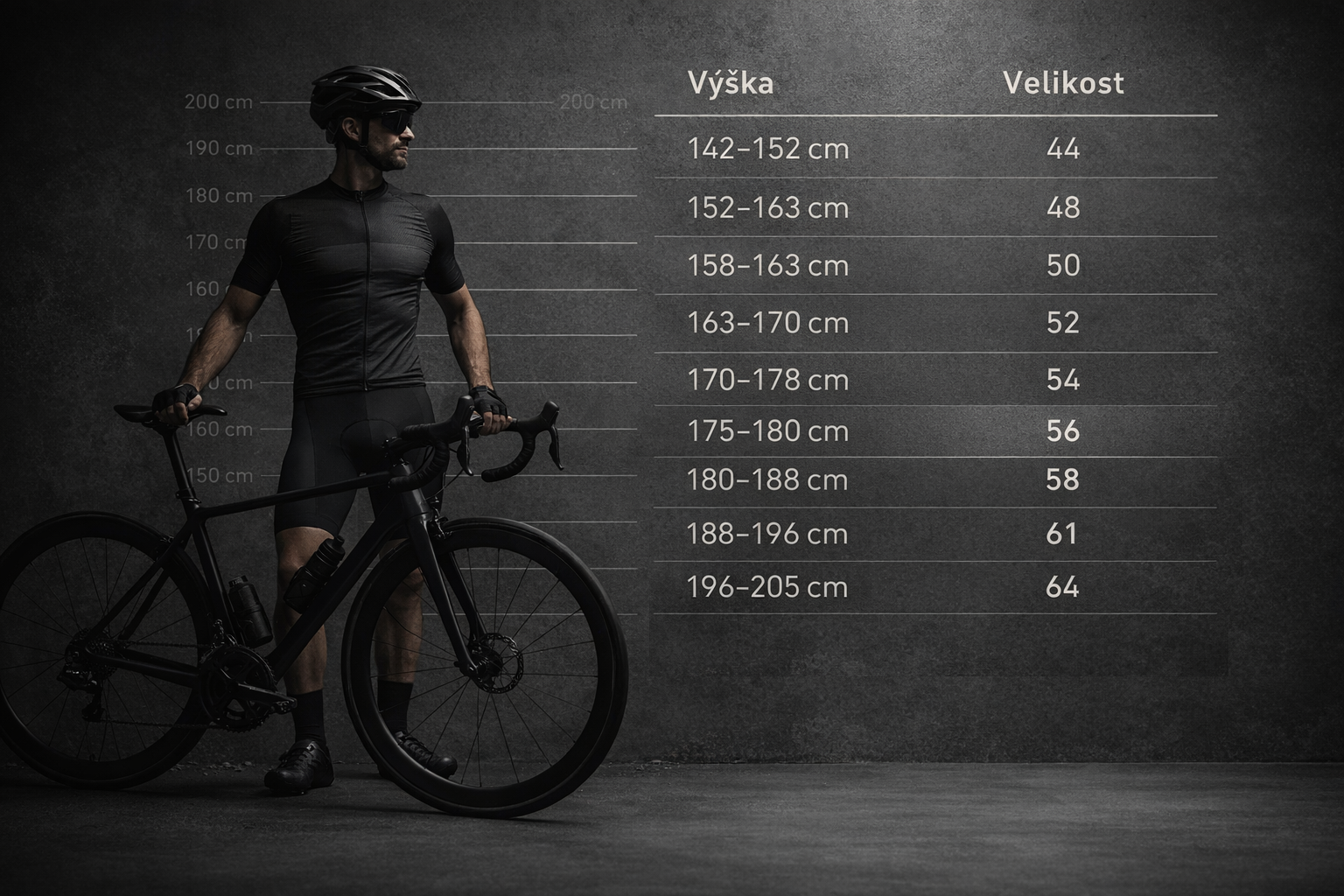 Velikost silničního kola podle výšky jezdce — tabulka číselných velikostí 44 až 64